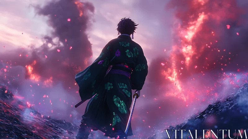 Samurai figure on volcanic terrain under vivid sky.