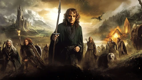 Fantasy fellowship storms battlefield under burning sky.