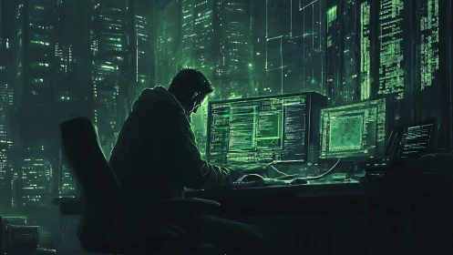 Midnight codeweaver bending neon data in a cyber cityscape.