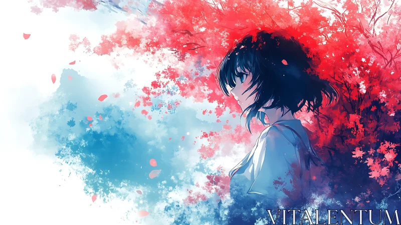 Side-profile anime portrait contrasts saturated red foliage and cool mist