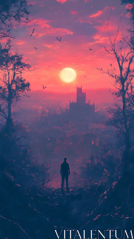 Silhouetted figure observing distant city under red sun.