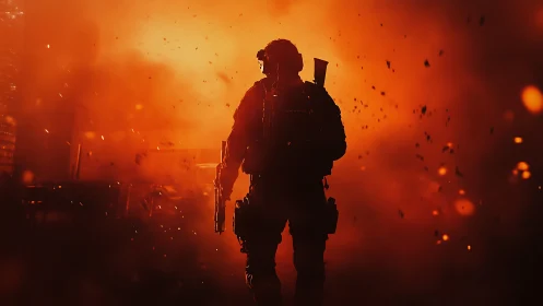 Lone soldier strides through burning dusk and drifting embers.