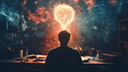 Backlit creator at desk observes luminous neural lightbulb construct