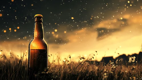 Sunlit beer bottle glowing softly in a golden meadow.