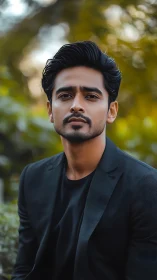 Calm portrait of a confident man in a dark blazer outdoors