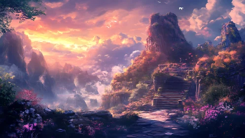 Sunlit mountain ruins invite wanderers up glowing stone steps