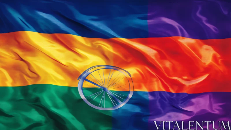 Vibrant multicolor flag waves around a stylized bicycle wheel