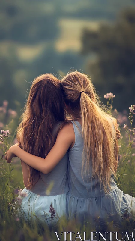 Two Young Women Embracing in Wildflower Field with Golden Hour Backlighting.