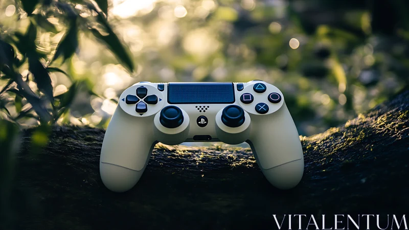 PlayStation 4 Controller Positioned on Weathered Log.