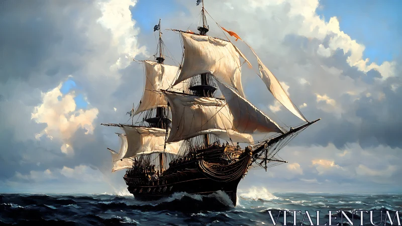 Tall ship under full sail cuts through dramatic seascape.