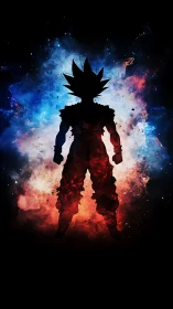 Silhouetted warrior in blue and red cosmic energy field.