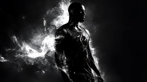 Powerful athlete emerging from swirling monochrome light.
