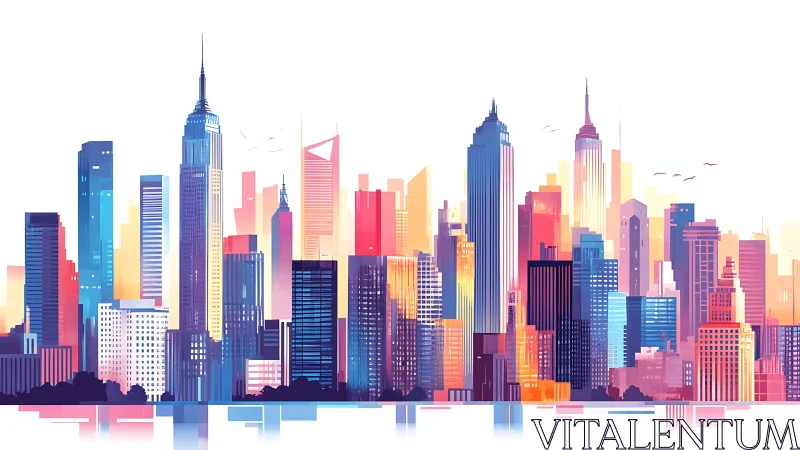 Stylized multicolor modern city skyline with tall towers.