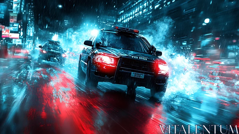 Police pursuit car accelerates through wet neon city street