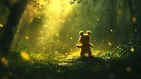 Golden teddy bear stands in glowing forest clearing at dawn