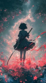 Scarlet petals ignite around the lone anime swordbearer.