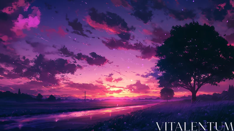 Vibrant anime sunset over reflective rural riverside field.