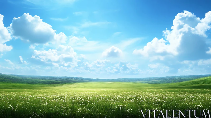 Sunlit wildflower meadow under expansive summer sky.