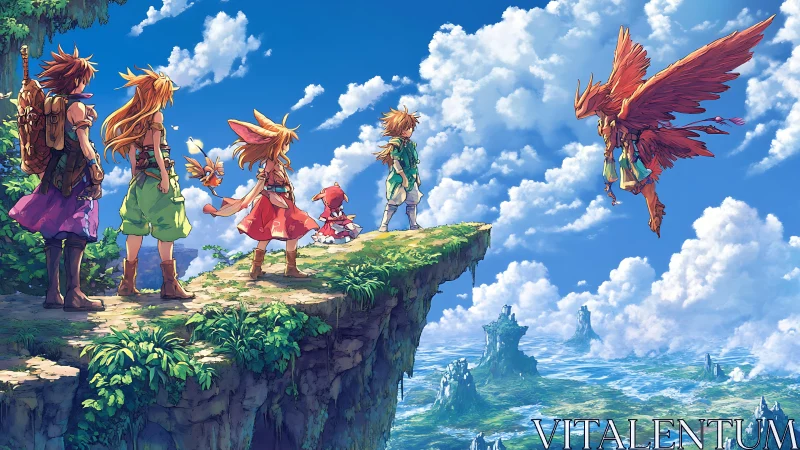 Adventuring heroes gaze toward a vast floating sky realm