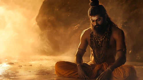 Ascetic yogi meditates in golden river light at dawn.