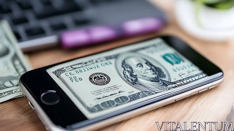 Smartphone on desk showing US hundred dollar banknote image.