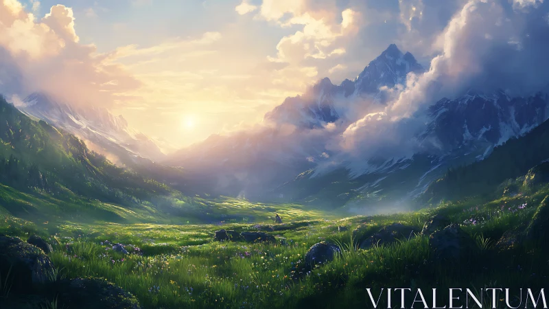 Sunlit alpine valley under towering snowcapped peaks at dawn.