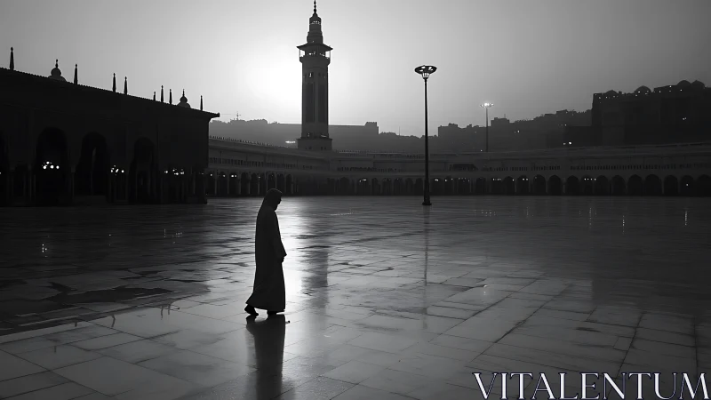 Solitary figure crossing reflective mosque courtyard at dawn