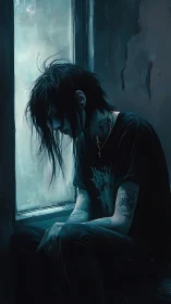 Melancholic figure in teal backlight with detailed emo styling