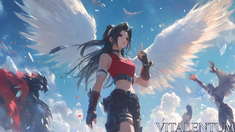 Winged warrior girl standing bold in a bright open sky.