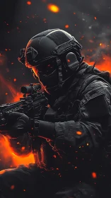 Armored tactical soldier advances through burning embers