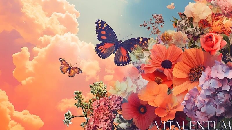Chromatic Floral Dreamscape with Atmospheric Butterfly Composition.