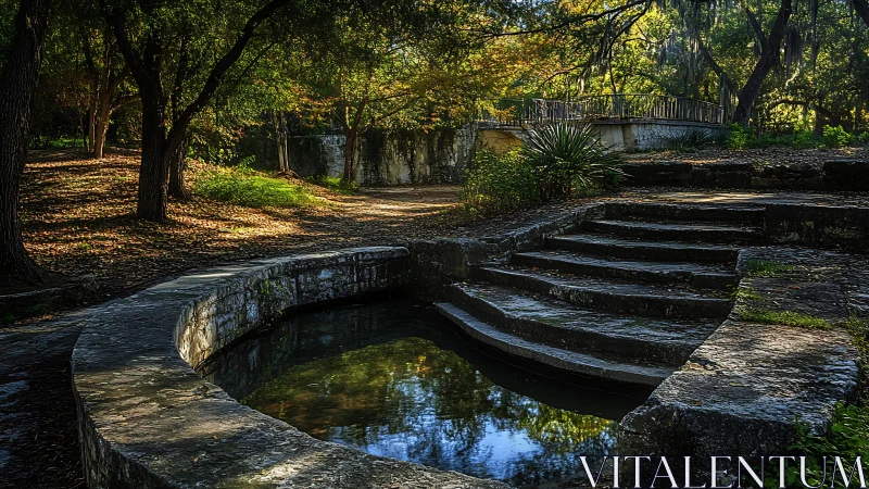 Stone steps descend to a tranquil woodland spring pool.