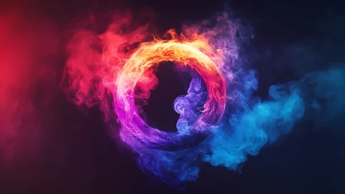 Circular ring of multicolored volumetric smoke on dark field