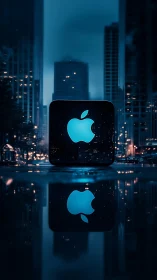 Luminous Apple Logo Dominates Urban Skyline with Reflective Symmetry