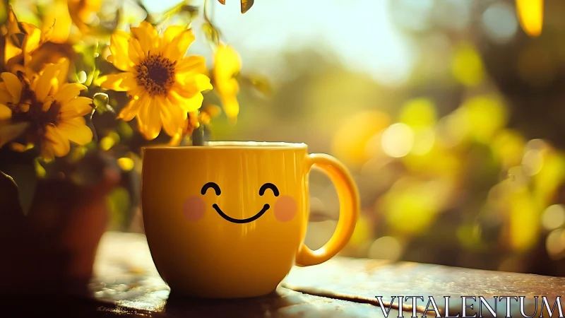 Yellow mug with smiling face stands near yellow flowers outdoors