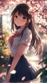 Spring afternoon girl smiles softly beneath cherry blossoms