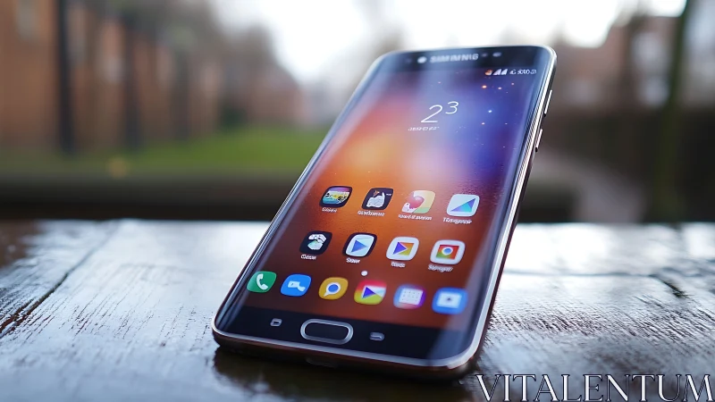 Samsung Galaxy smartphone displays vibrant gradient interface on weathered outdoor surface.