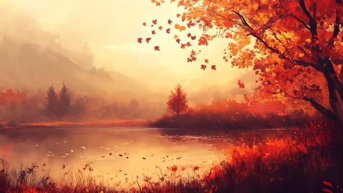 Golden autumn lake where drifting leaves hush the day.