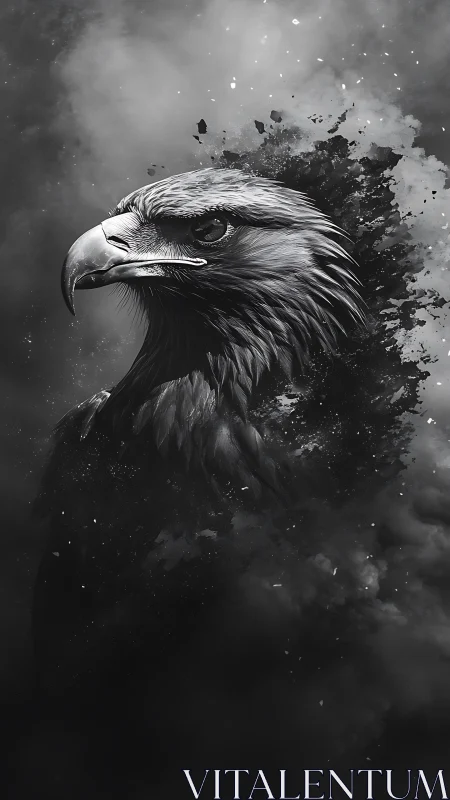 Monochrome eagle portrait amid abstract smoke fragments.
