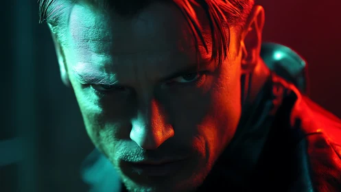 Male face is shown in tight close-up under dual color lighting