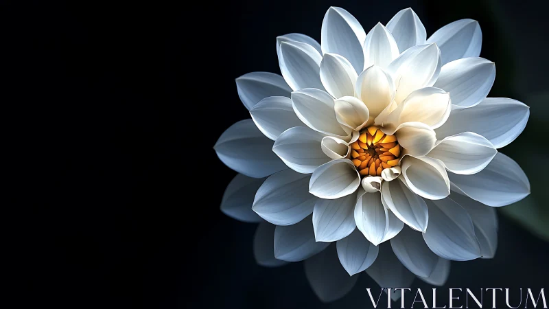 White dahlia with golden center against dark background