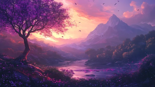 Luminous violet tree beside river under ethereal sunset sky.