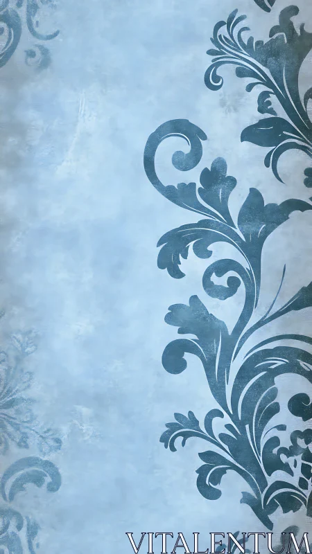 Vintage blue damask scrollwork on textured pastel background.