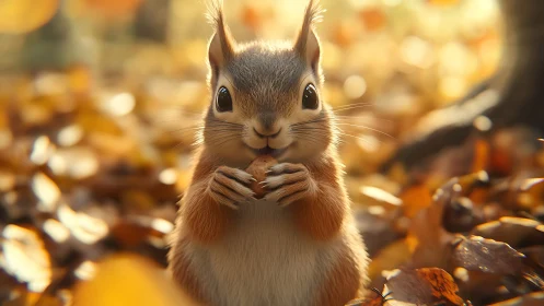 Digital squirrel holding nut amid blurred autumn foliage.