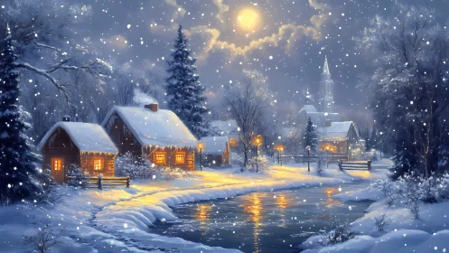 Snowy village at night with glowing cottages and river.