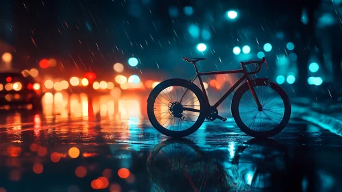 Road Bicycle in Rainy Urban Night with Neon Bokeh