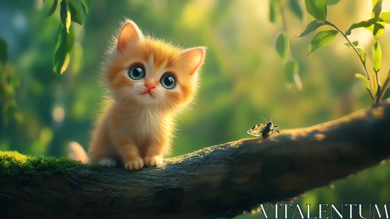 Ginger Kitten on Mossy Branch with Butterfly.