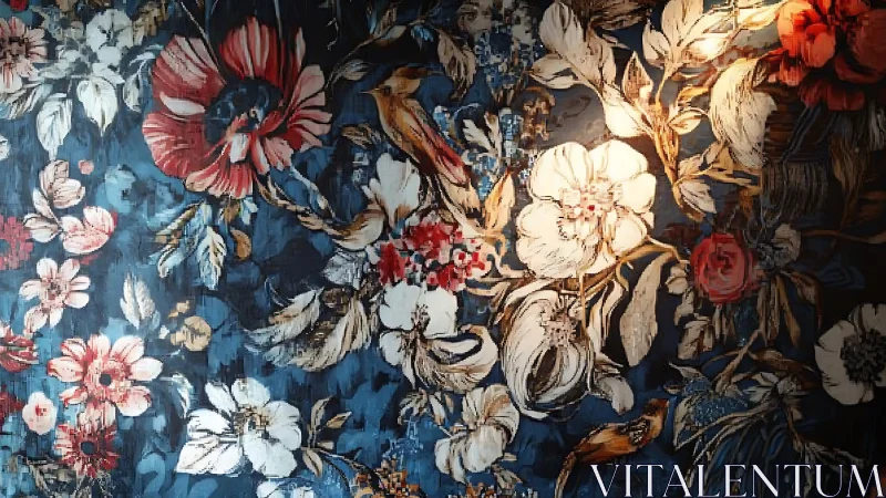 Ornate floral wallpaper design illuminated by warm accent light
