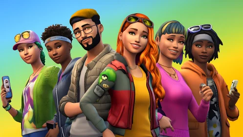 Stylized diverse friends pose together against vibrant gradient