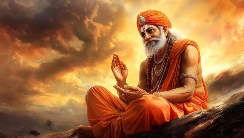 Seated elder in orange robes gestures against illuminated sky